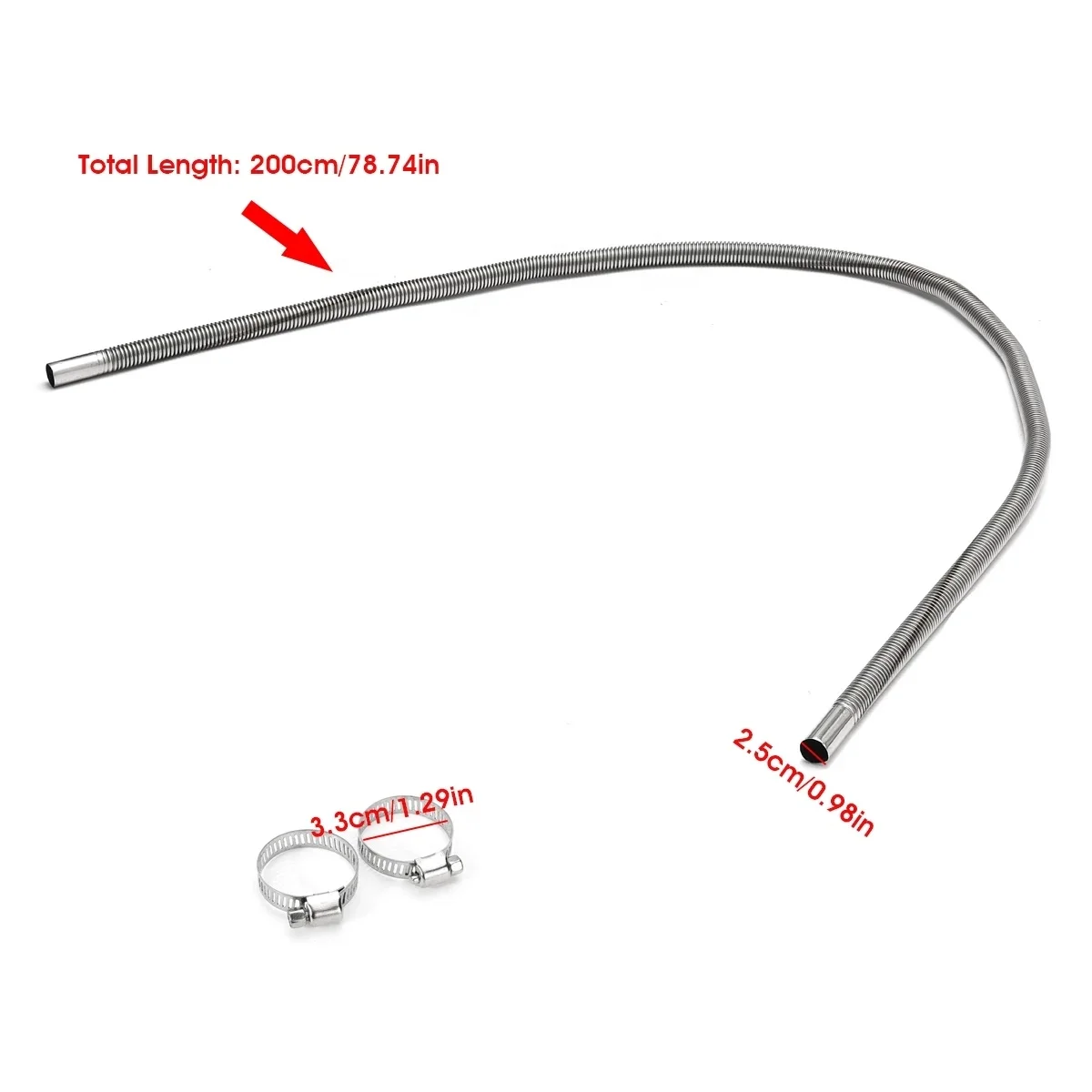 150/200cm Air Parking Heater Exhaust Pipe for Diesel With 2 Clamps Stainless Steel Fuel Tank Hose Tube