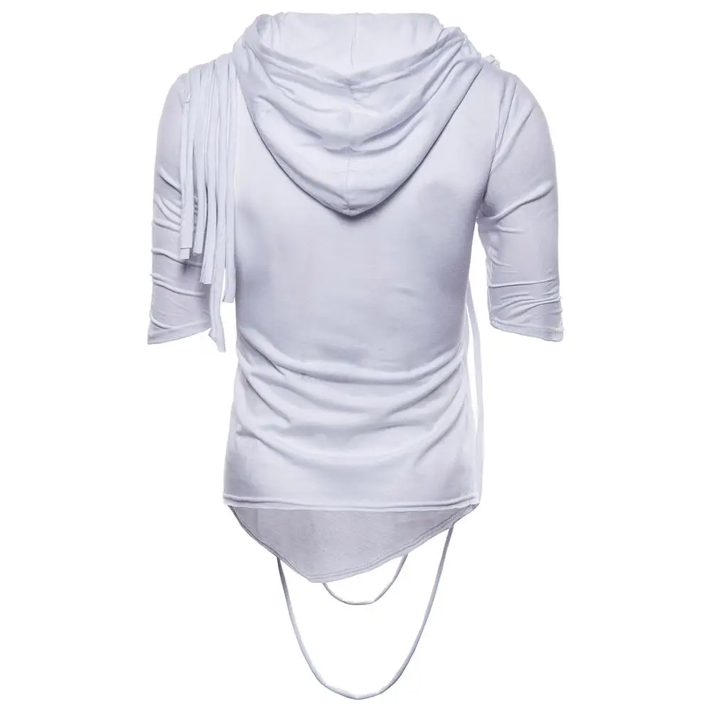 Liu Ming Custom Mens Chic Rope Decoration Heap Collar Hooded Half Sleeve Plain Hip Hop T Shirt