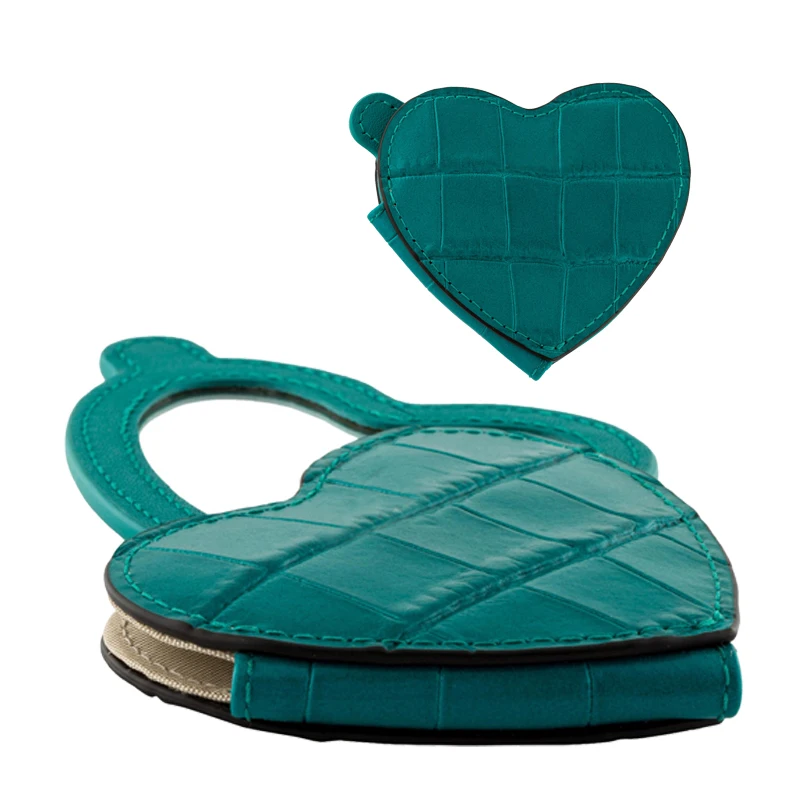 High quality travel crocodile pattern leather blank green makeup cosmetic mirror wholesale custom heart shaped compact mirror