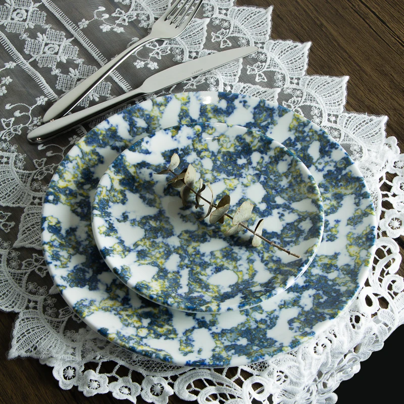 JQY Porcelain Round Dish Set Reactive Glaze Crockery Ceramic Colorful Dinner Plates Set Vintage Appetizer Salad Side Plates