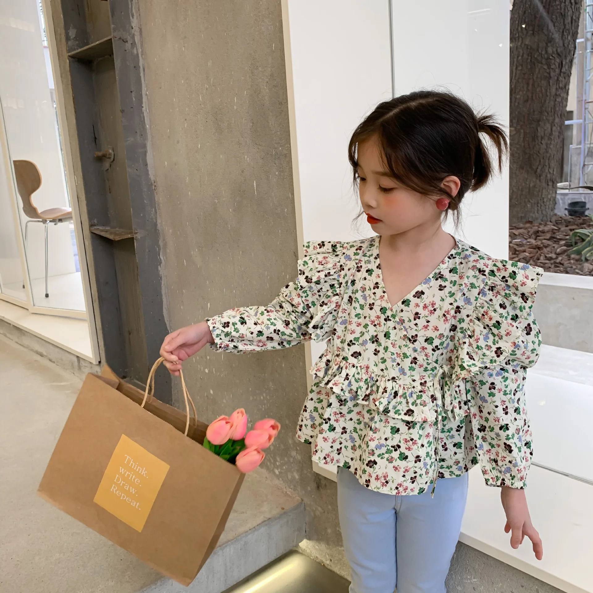 SY254 spring new arrival toddler little girls blouse ruffles flower puff sleeve casual infant kids children clothing boutiques