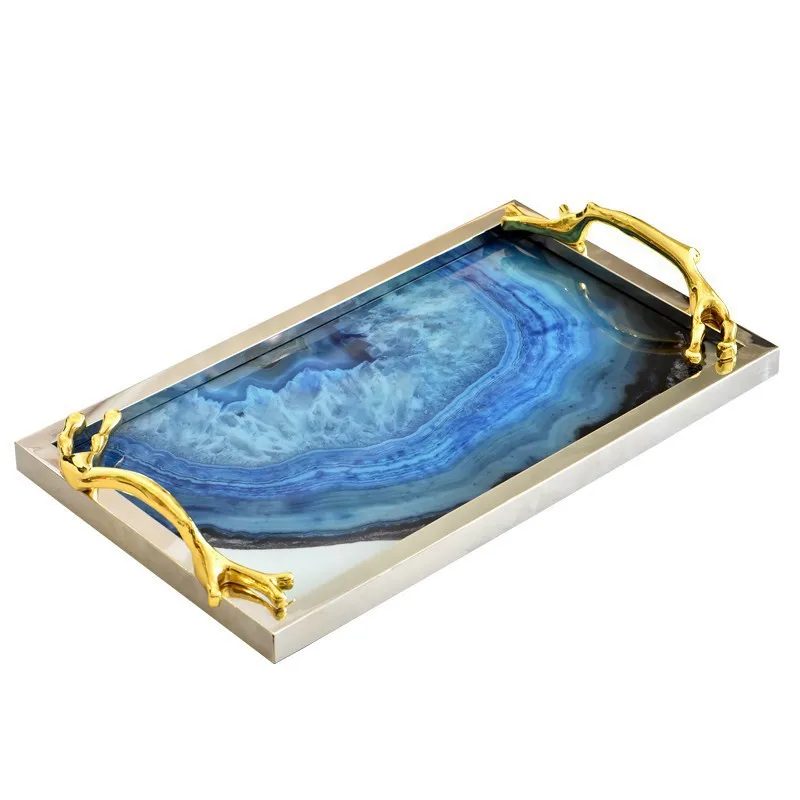 Luxury Modern Home Table Decoration Gold Handle Blue Agate Glass Decorative Serving Tray