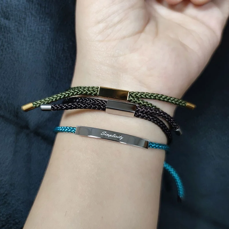 Customized Mens Jewelry Laser Engraving Stainless Steel Adjustable Braided Rope Bracelet Engraveable Bracelet For Women