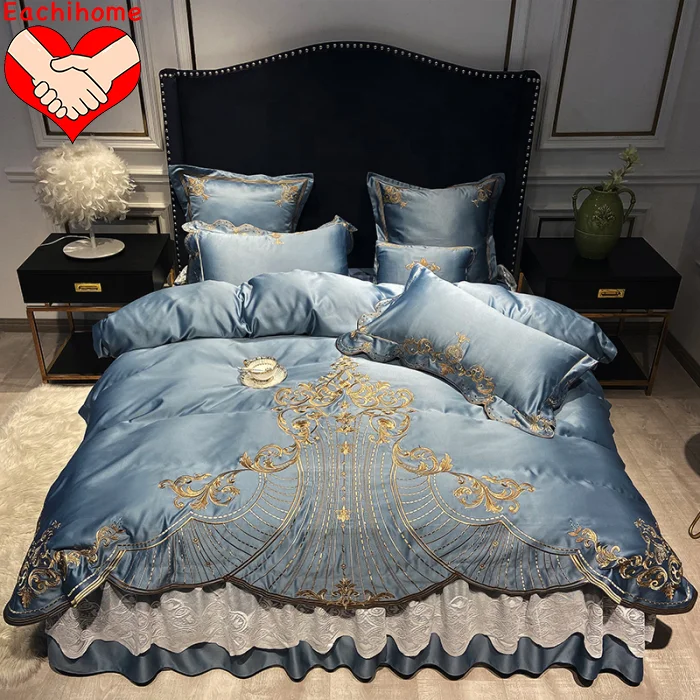 New European style Soft Satin Silk embroidered king queen size 4pcs bedding set