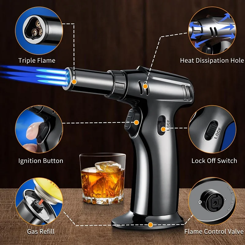 Old Fashioned Whiskey Smoker Kit,Bourbon Smoker Cocktail Smoker Kit with Torch Including Six Wood Chips and One Ice Ball Mold