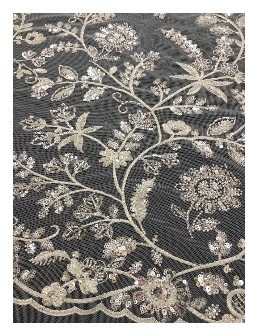 HOT selling crystal sequin beaded tulle mesh black lace embroidered lace fabric