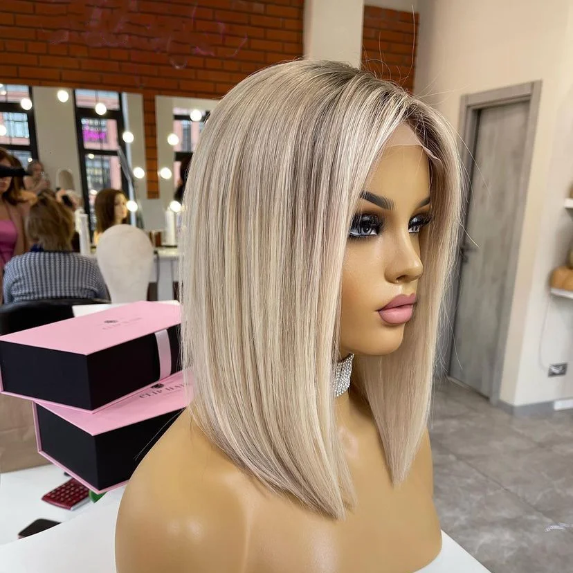 Deep Middle Part Ash Blonde Balayage Colored European Hair Bob Wigs Lace Top Sheitel Jewish Wigs For White Women