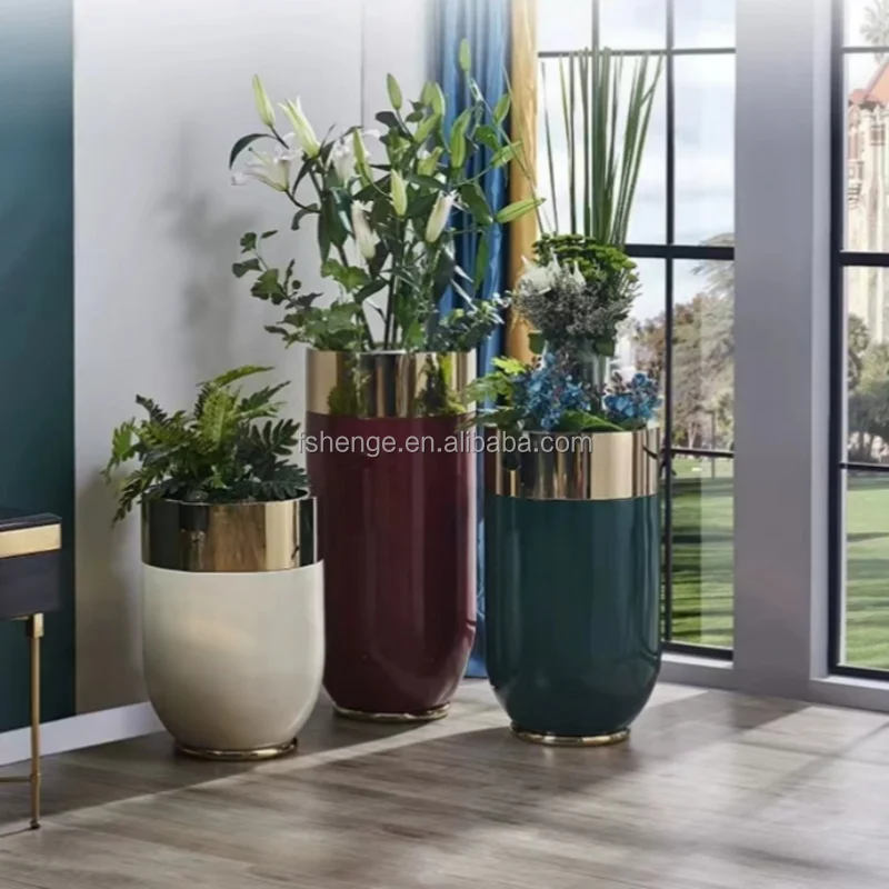 Luxury home decor extra large floor vase gold white flower pot big size plant pots for plants