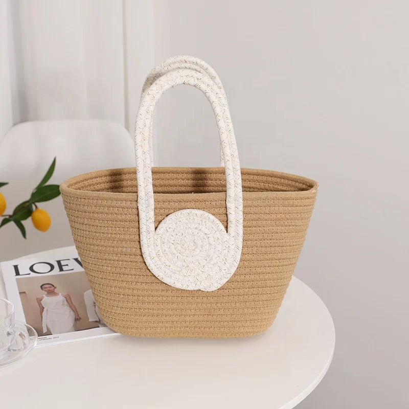 FSP115 New Stylish Multicolor Cotton Rope Woven Crochet Summer Beach Tote Handbag Portable Leisure Knitting Thread Storage Bag