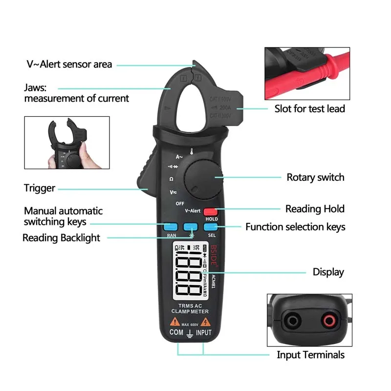 Bside Smart Digital Clamp Meter Ture-RMS Backlight Auto Range 2000 Counts AC Voltage Inrush Current Tester