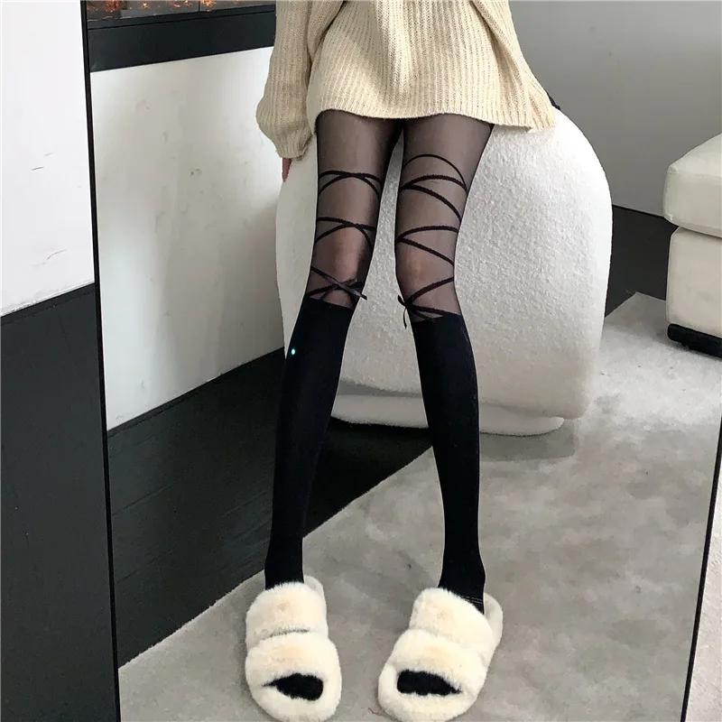 Japanese Sexy Silk Stockings Splice Over Knee Long Socks Girls Club Sweet Cross Bandage White Stockings Bow Designer Stockings