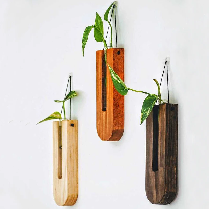 Wall Mounted Hanging Flower Bud Plants Terrarium Propagation Station Test Tube Vase Wooden Stand Glass Terrarium