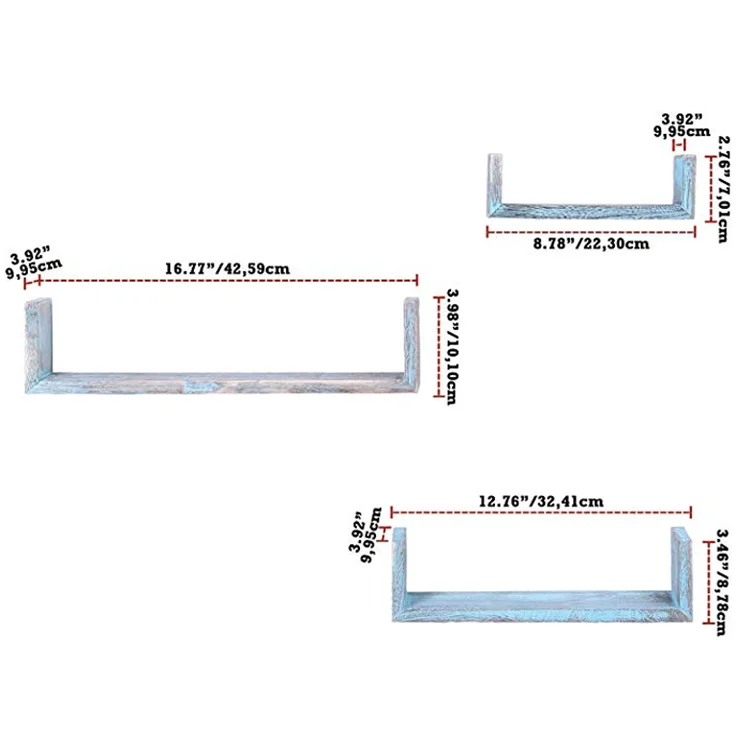 Set of 3 Decorative Farmhouse Wall Mounted U Shaped Wooden Wall Floating Shelf Wall Mounted Storage Shelves for Home Office