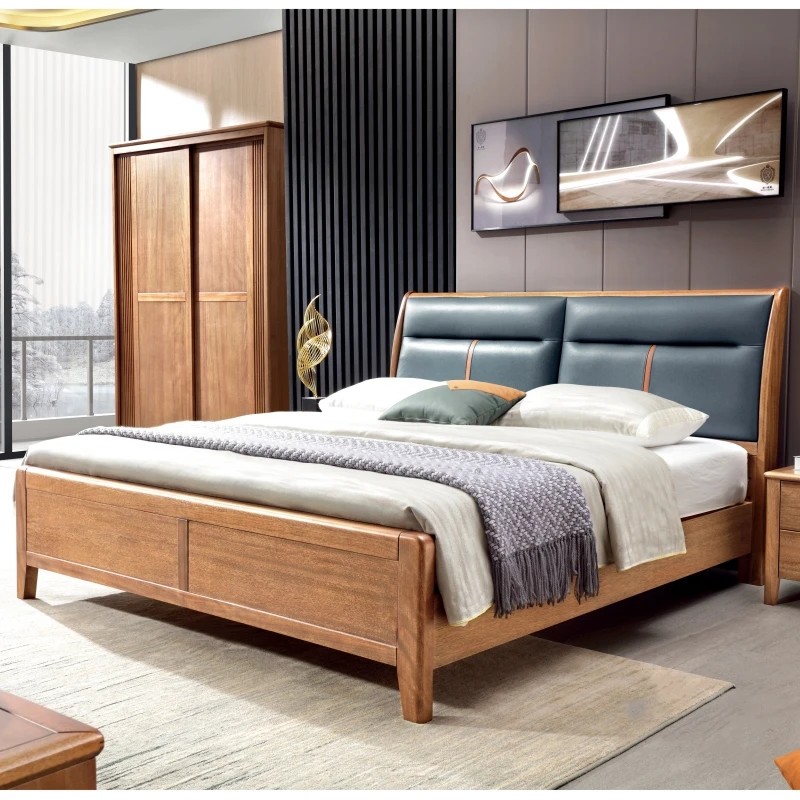 Purple gold sandalwood solid wood bed king size double bed master bedroom modern minimalist soft bag storage bedroom furniture