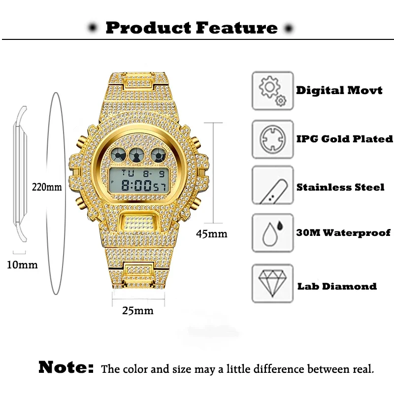 missfox Men Watch Hip Hop Iced Out Stainless Steel Multifunctional Digital Watches Luxury Diamond G Style Shock Resistant Clock