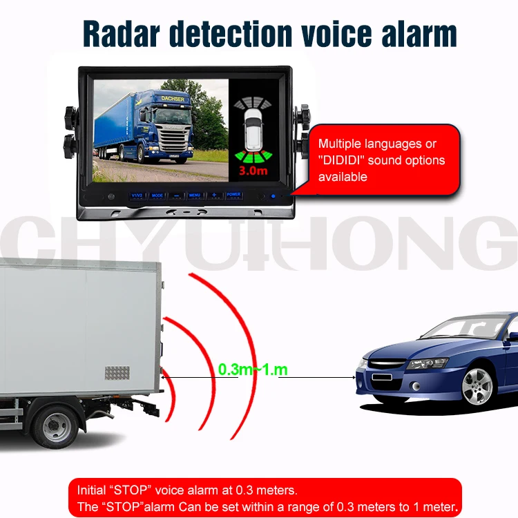 Truck Bus Vehicle Front&Rear 8PCS Ultrasonic Detect Blind Area Obstacle Parking Sensor with Reverse Camera 7inch 2CH DVR Monitor