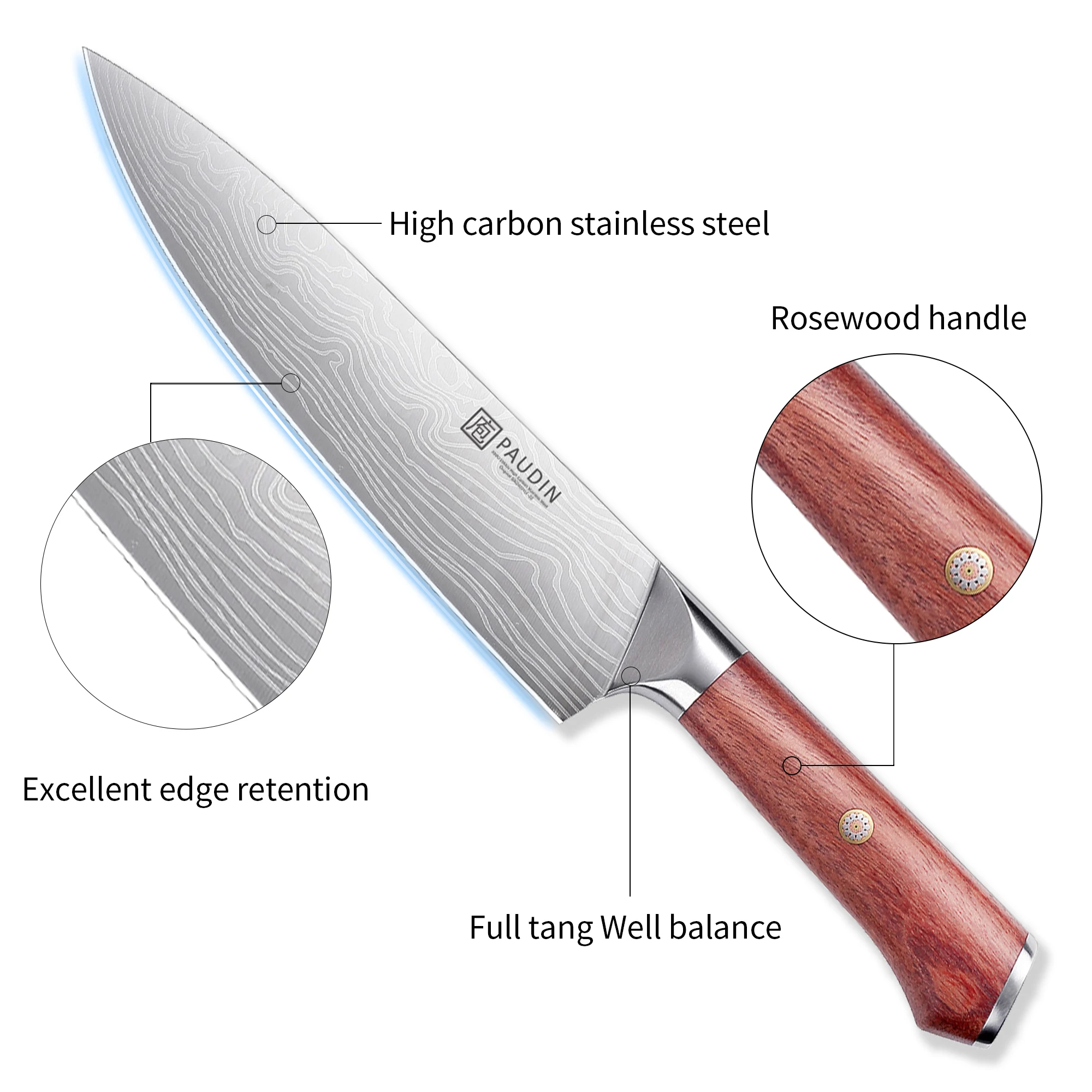 Ultra Sharp 8 Inch Chef Knife 5Cr15Mov Stainless Steel Blade With Natural Rose Wood Handle Kitchen Knives