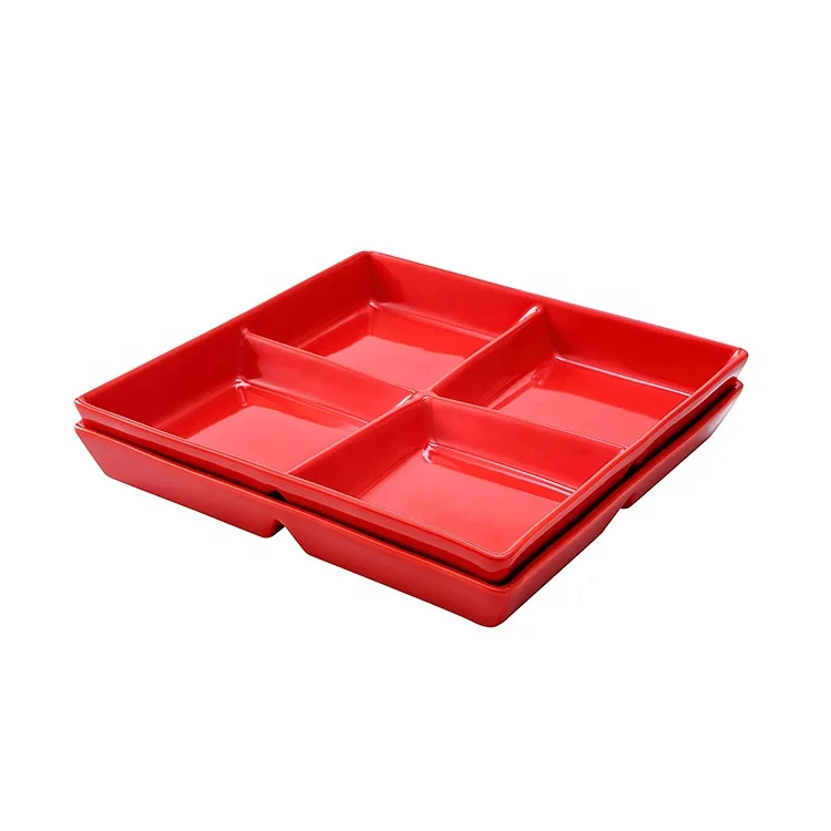 10 inch Dinner Serving Tray Dish Decorative Red Square Melamine  4 Compartment Serving Tray