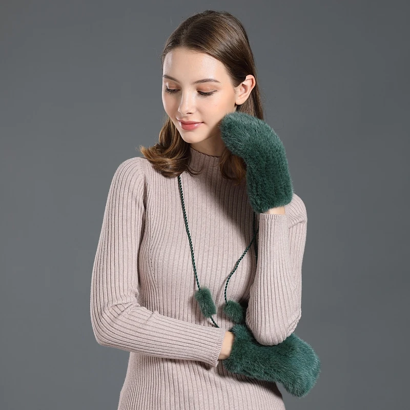 CX-A-35 Winter Decorative Outdoor Fashion Knitted Real Mink Fur Mittens for Women