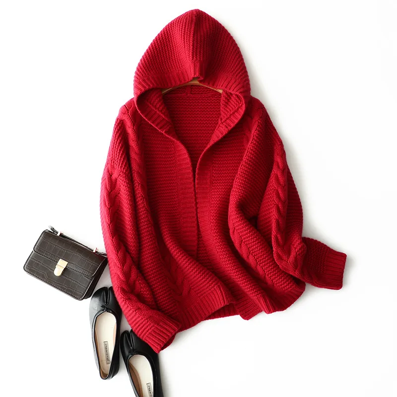 Custom Winter Women Cashmere Wool Hooded Cable Knit Thick Outerwear Solid Cashmere Sweater For Women Cashmere Cardigan