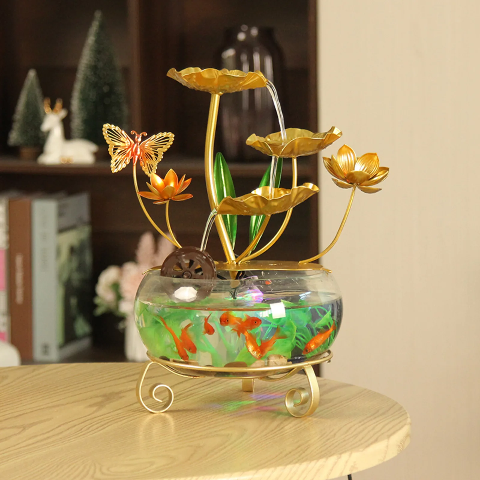 CHENYISHI Lotus Leaf Tabletop Water Fountain with LED Lighting Fish Tank Butterfly Decoration and Cascading Water Flow Decor