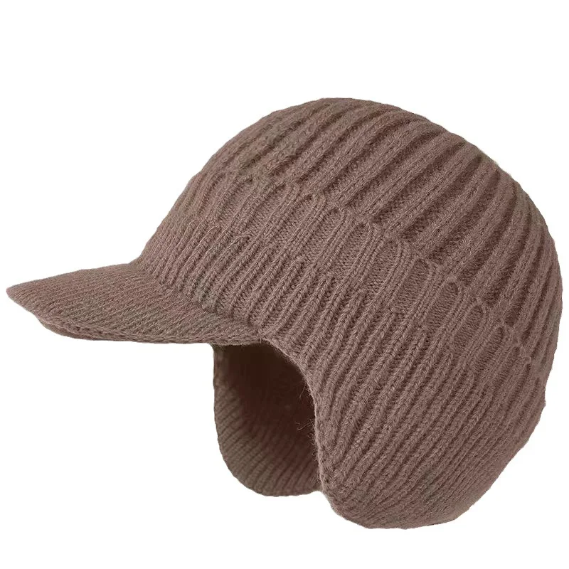 Mens Outdoor Hat Winter Warm Thick Knit Beanie Hat with Visor Beanie with Brim