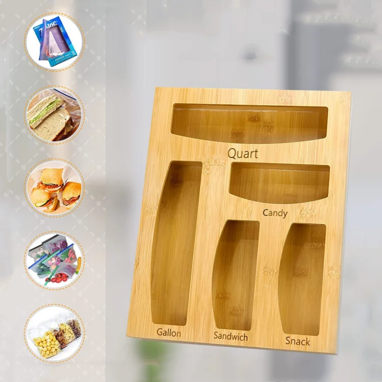 Wholesale open lid wooden baggie box food storage bag holders plastic bag dispenser