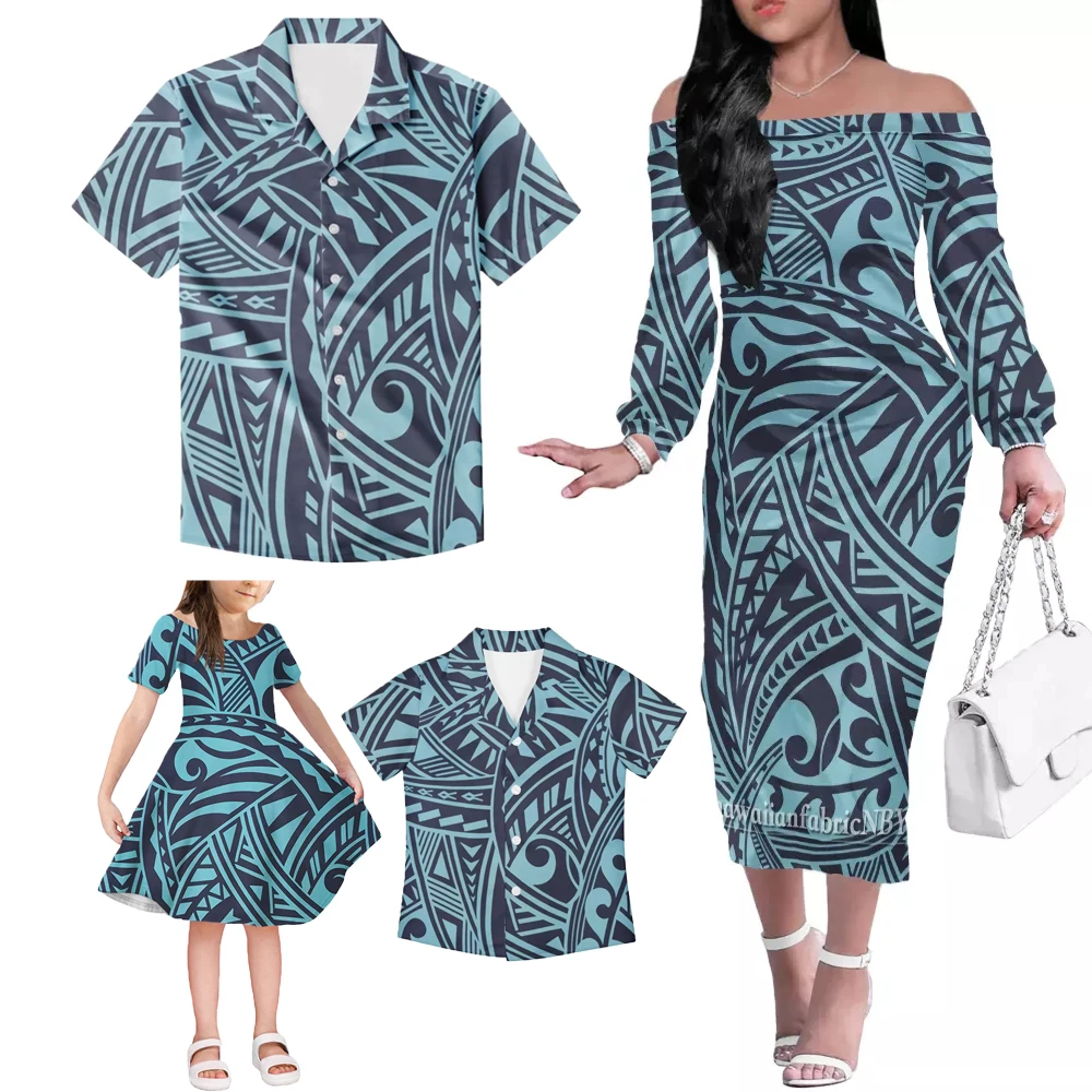 Red Polynesian Family Set 4pcs Set Unique Gifts For MOM Daddy Kids Polyester Off Shoulder Long Dress Little Girl Skrits Set