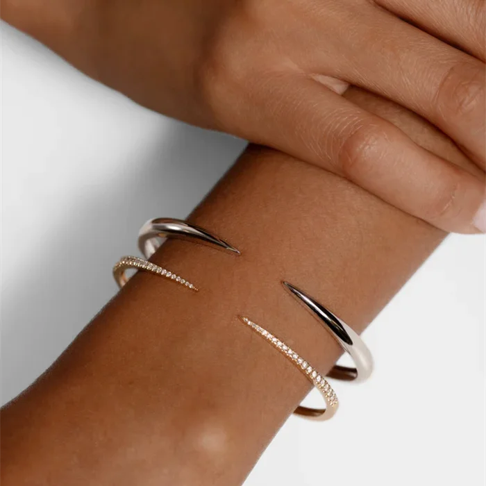 Statement Jewelry Open Design Adjustable Silver 925 Gold Plated Pave Diamond Claw Cuff Bracelet Women