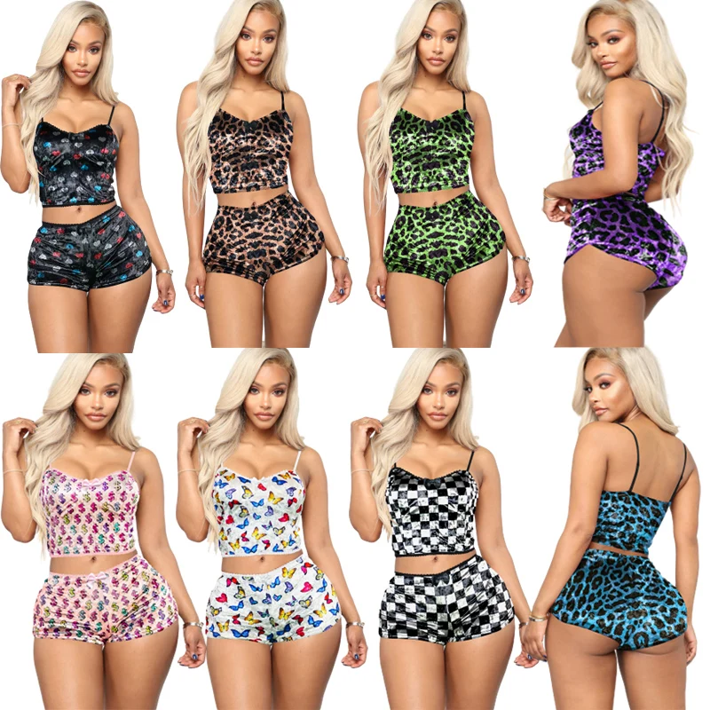 Summer lounge wear women pajama sets 2 piece short sling v neck sexy velvet sleepwear women plus size 2 piece pajama set