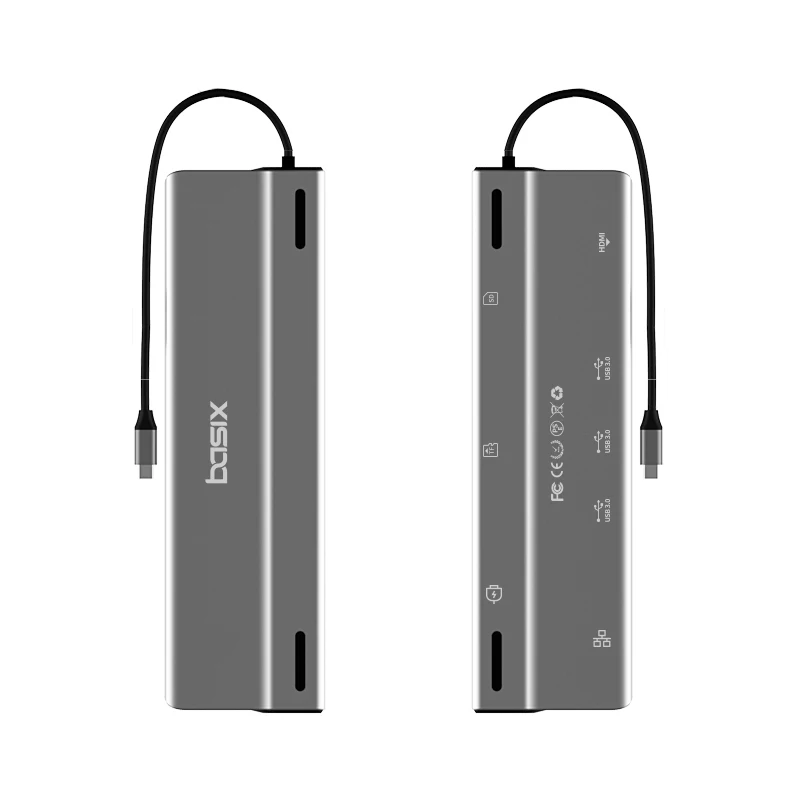 usb hub rj45 14 in 1 gray BASIX TYPE C to USB3.0*3 USB2.0*2 PD SD TF HD-MI  VGA RJ45 AUDIO3.5 type c data