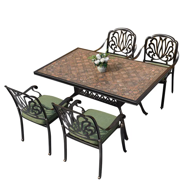 
Poland Hot Sale Outdoor Cast Aluminum Patio Furniture dining Sets with ceramic tile table top 
