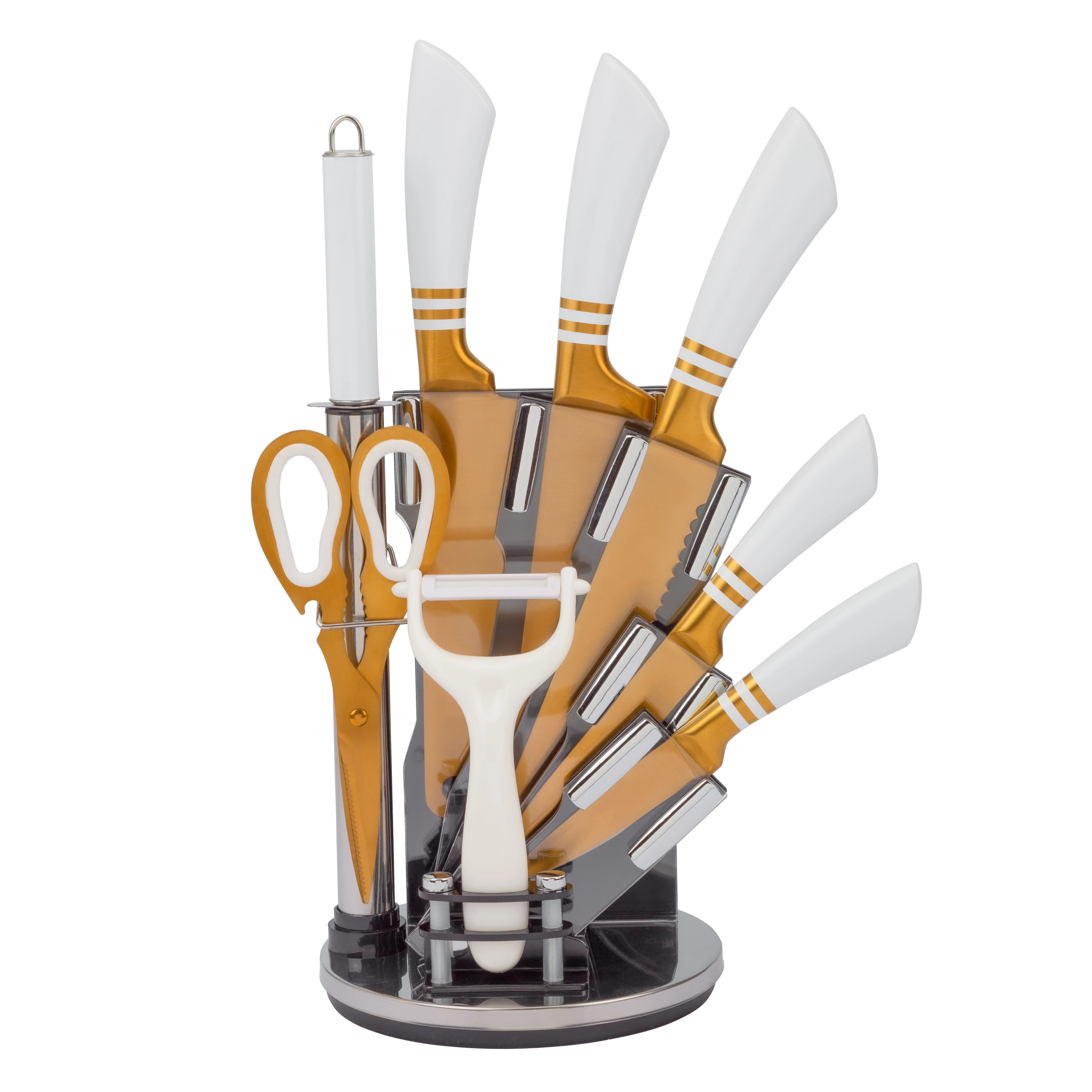 9-Piece Titanium Coated Stainless Steel Kitchen Knife Set with Gold Hollow Handle Eco-Friendly PP Acrylic Knife Holder