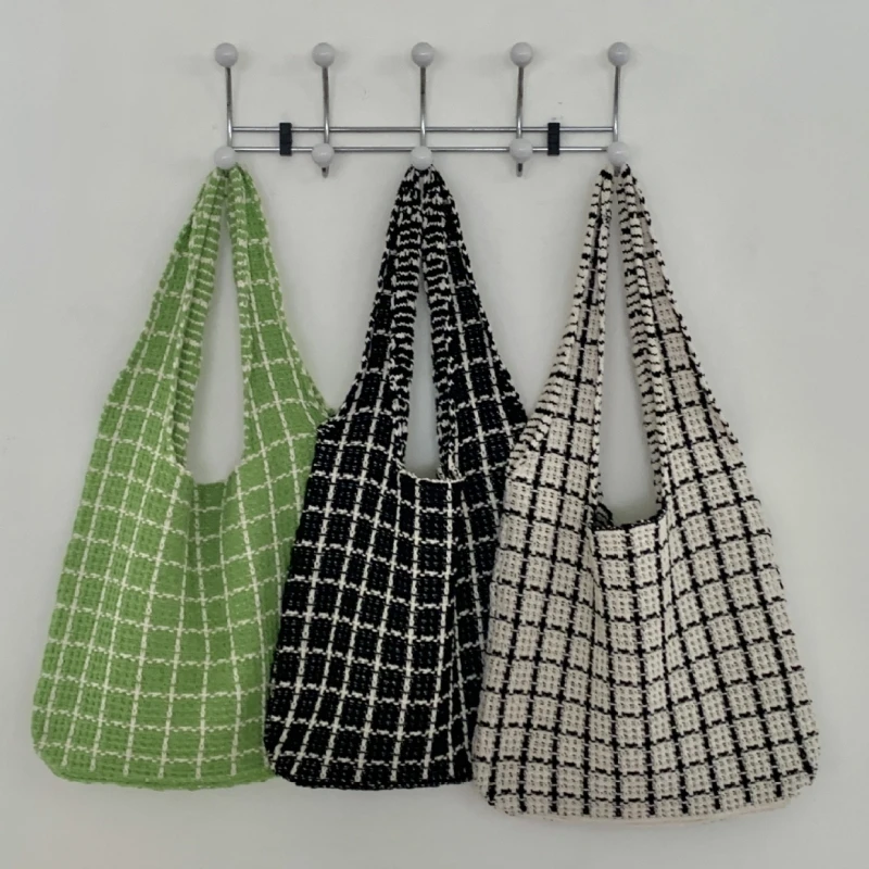 New Arrivals Korean Fashion Designer Plaid Knitted Bag Woven Large Capacity Tote Bags Elegant Handbag Versatile Shoulder Bag