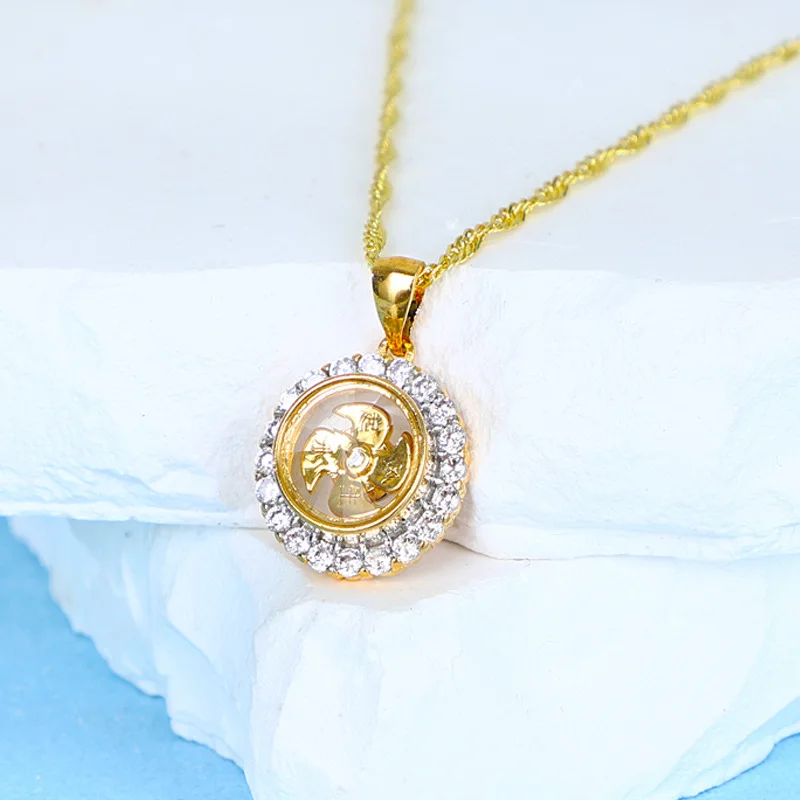 Trade Thailand cubic zirconia necklace jewelry wholesale gold plated round windmill rotating pendant necklace for women