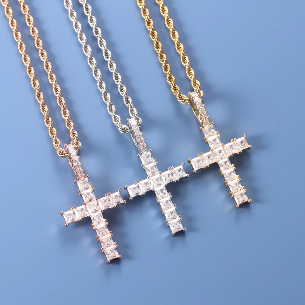 NEW POPULAR Bling Square  Large Zircon Cross Pendant Gold Silver Color Necklace For Women Men Hip Hop Party Jewelry Birthday