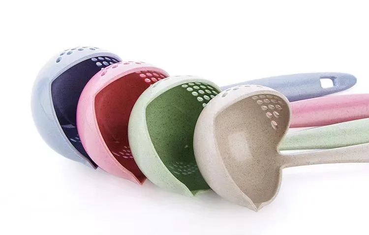 Household Kitchen Spoon Wheat Straw Two-in-one Long Handle Plastic Colander Filter Creative Tableware Hot Pot Scoop