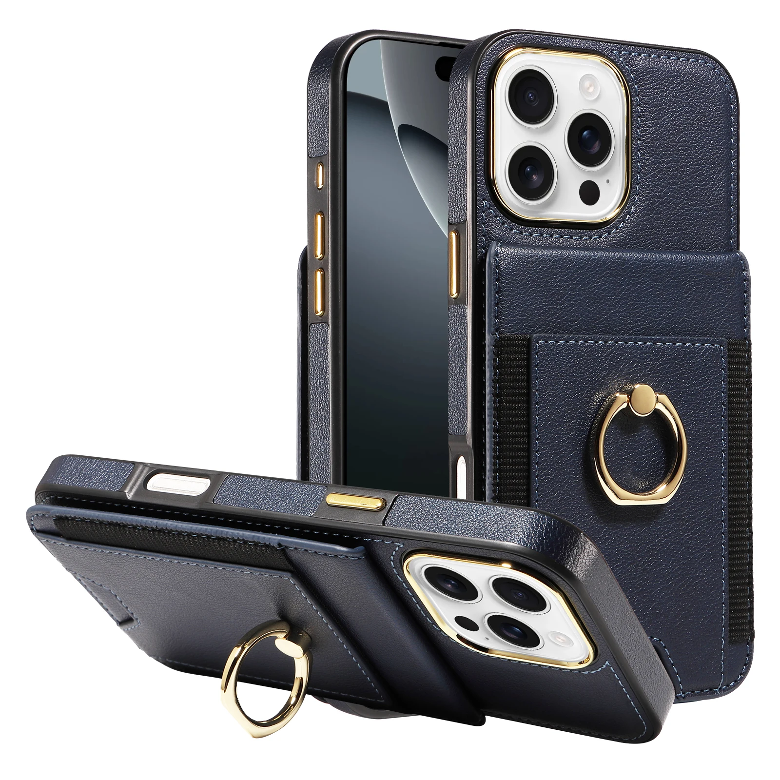Card Holder Wallet Stand Phone Case for iPhone 15 14 13 Pro Max Back Cover PU Leather Waterproof Case With RFID Card Holder Ring