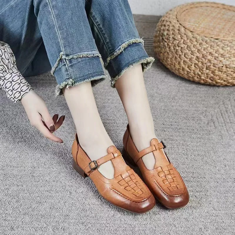 High quality  Genuine leather Handwoven design T-Strap Mary Jane women low heels office dress shoes casual shoes manufacturer