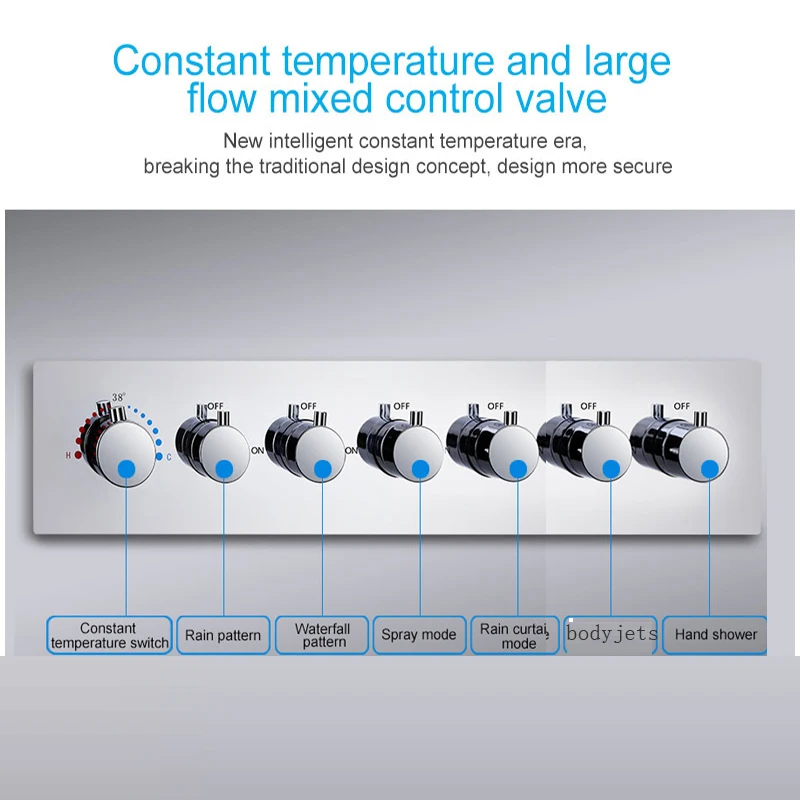 6 FUNCTIONS LED SHOWER FAUCETS SET RAIN WATERFALL MIST HIGH FLOW THERMOSTATIC MIXING VALVE BODY JETS MASSAGE 2 INCH
