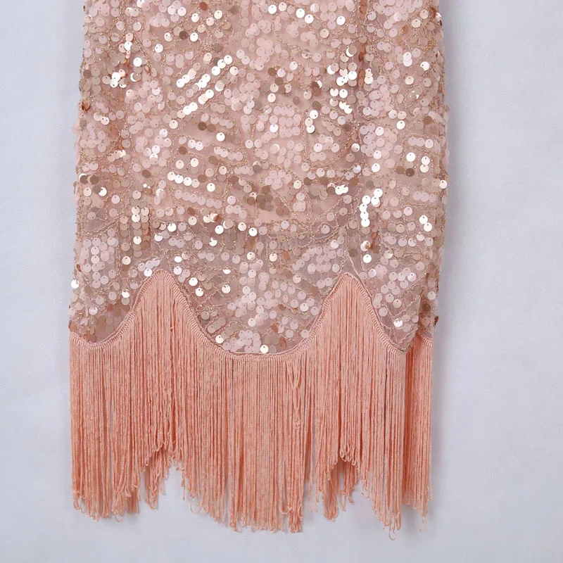 YIZHIQIU OEM beaded sequined vintage handmade fringed V-neck evening dress