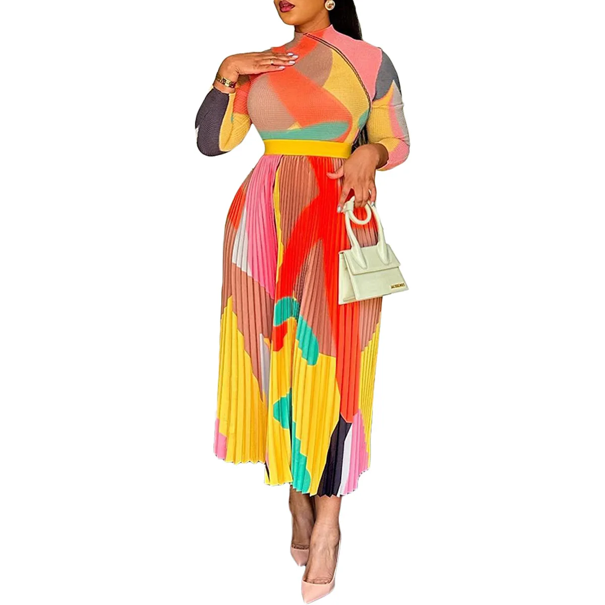 New Aliexpress Europe and the United States digital high-definition printed pleated dress spot sales