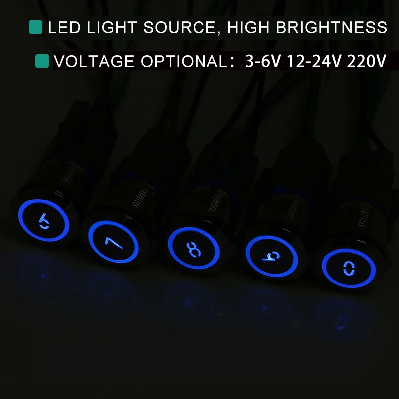 16/19mm Reset Latching Lock Metal Button Switch LED With Light Number Symbol 1234567890 Elevator Waterproof DIY Buttons