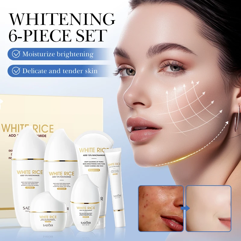 OEM SADOER оптовая продажа белый рисовый никотинамид Осветляющий 6 шт. набор для ухода за кожей Корейская отбеливающая подарочная коробка