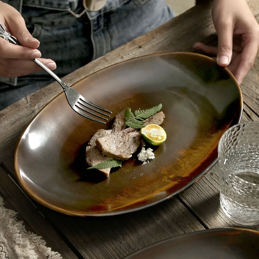 Factory Direct Wholesale Matte Color 12 Inch Rustic Ceramic Fish Tableware Plates Porcelain Oval Dinner Plate For Restaurant