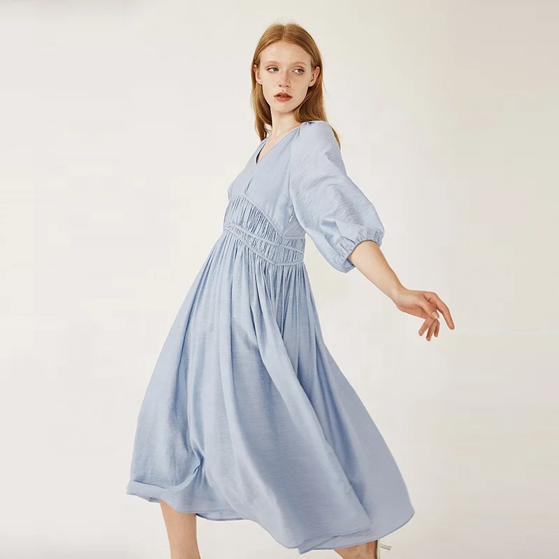 Korean Elegant Summer Beach Boho 3/4 Puffed Sleeve Light Blue Maxi Casual Dress For Women