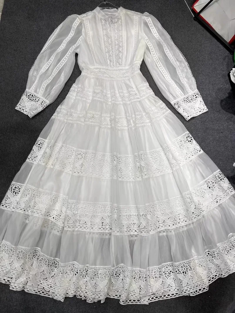 New 2023 Autumn Long Dress High Quality Women Crochet Lace Embroidery Patchwork Long Sleeve Black Blue Green Maxi Dress Tunic