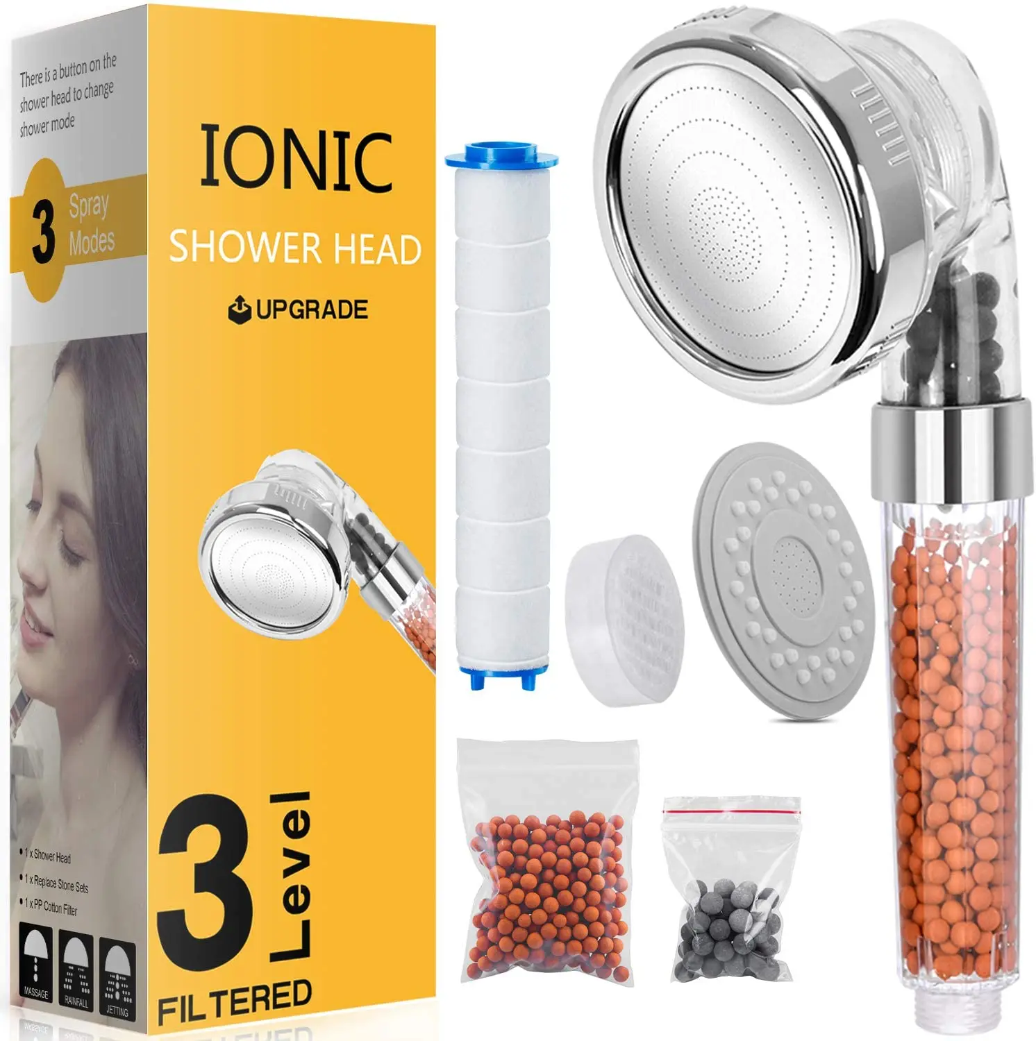 New 3 Mode SPA Shower Head with Switch Stop Button high Pressure Anion Filter Water Saving Shower