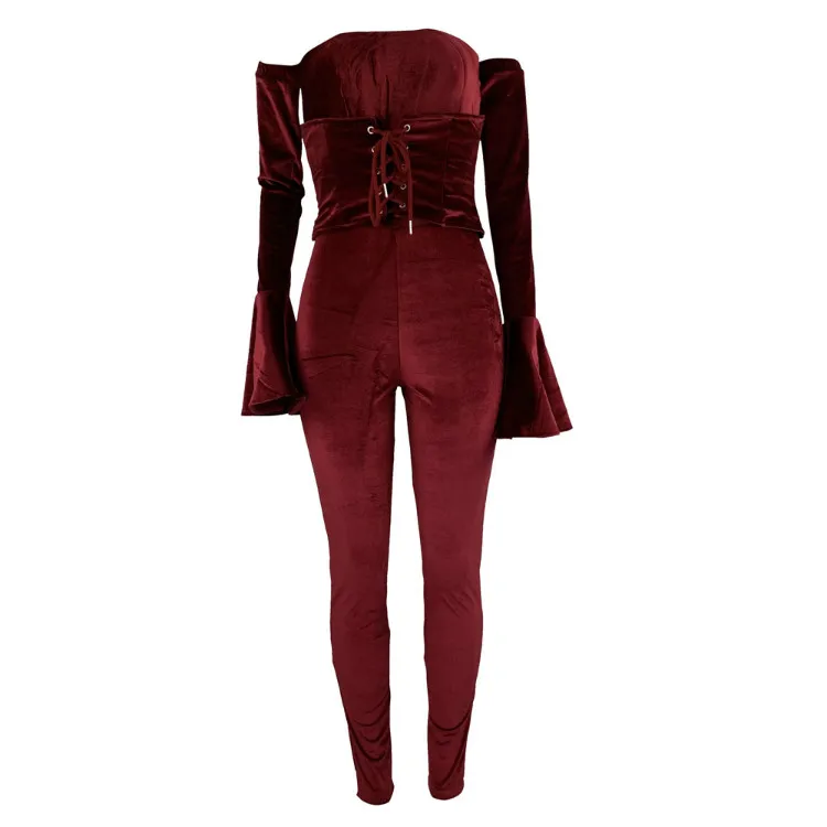 
Sexy Club Wear Jumpsuit Off Shoulder Womens 2 Piece Outfit Bell Sleeve Velvet 2020 Women Two Piece Set 