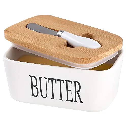 Hot Sale Large Ceramic Countertop Butter Container Ceramics with Wood Lid Kitchen-Friendly Butter Keeper Tray  for Food Storage